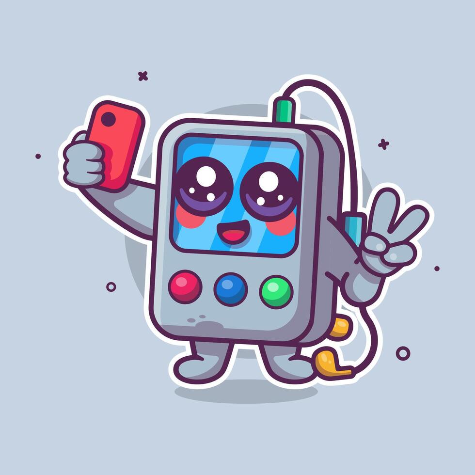 happy portable music player character mascot taking a selfie with a smartphone isolated cartoon vector
