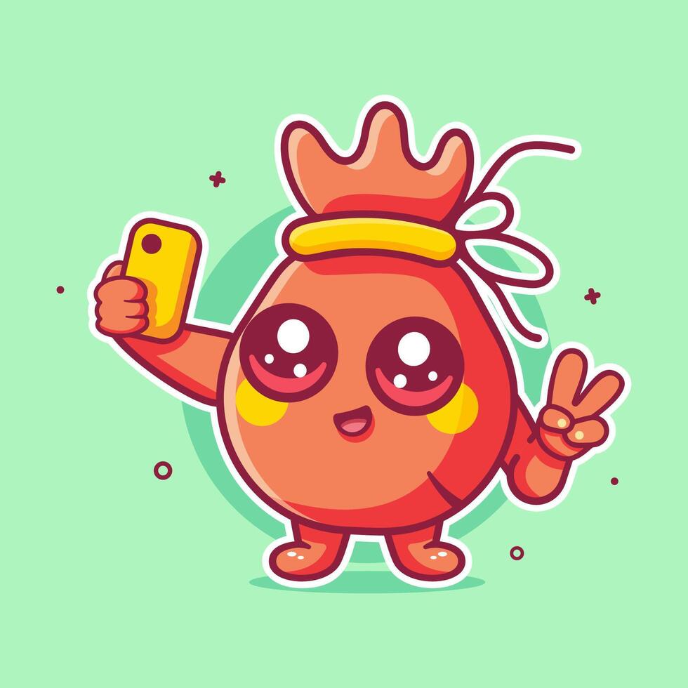 cheerful money bag character mascot taking a selfie with a smartphone isolated cartoon vector