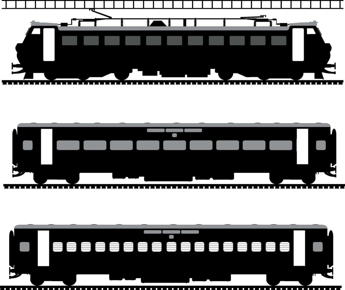 Train silhouettes illustration with coaches, train simulation vector