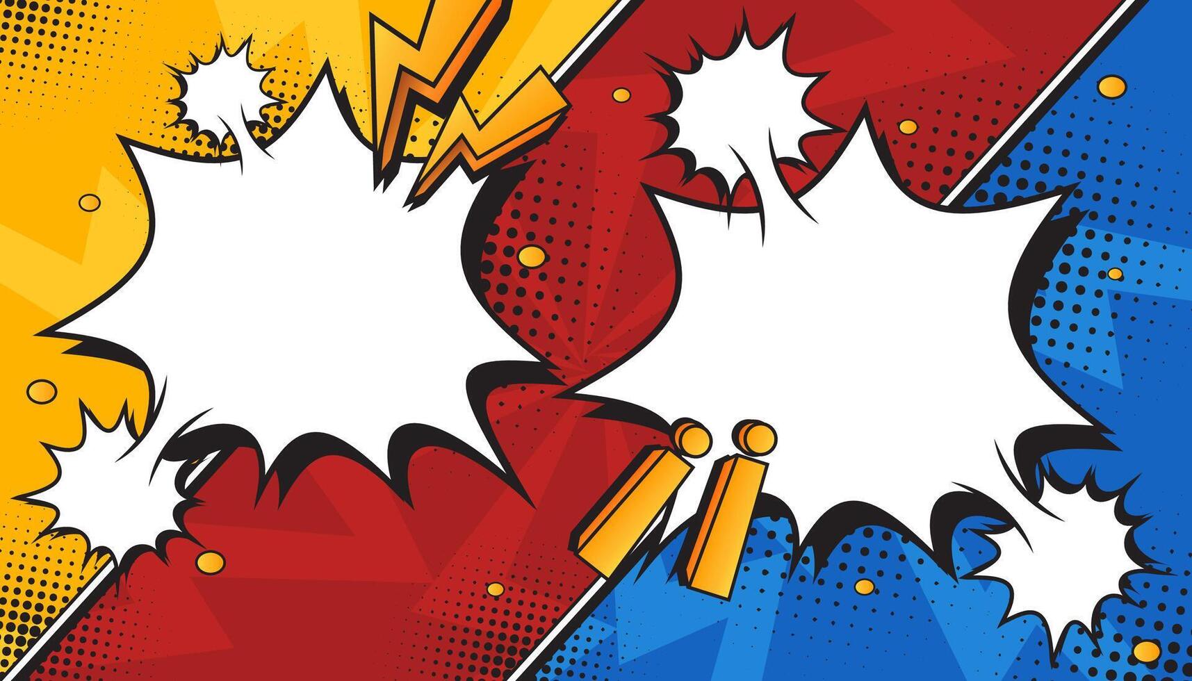 Red and Blue Comic Book Explosion with Pop Art Style, Halftone Dots, Speech Bubbles, and Dynamic Action Bursts with Set of Vibrant Comic Page Frames and blank Conversation Panels vector