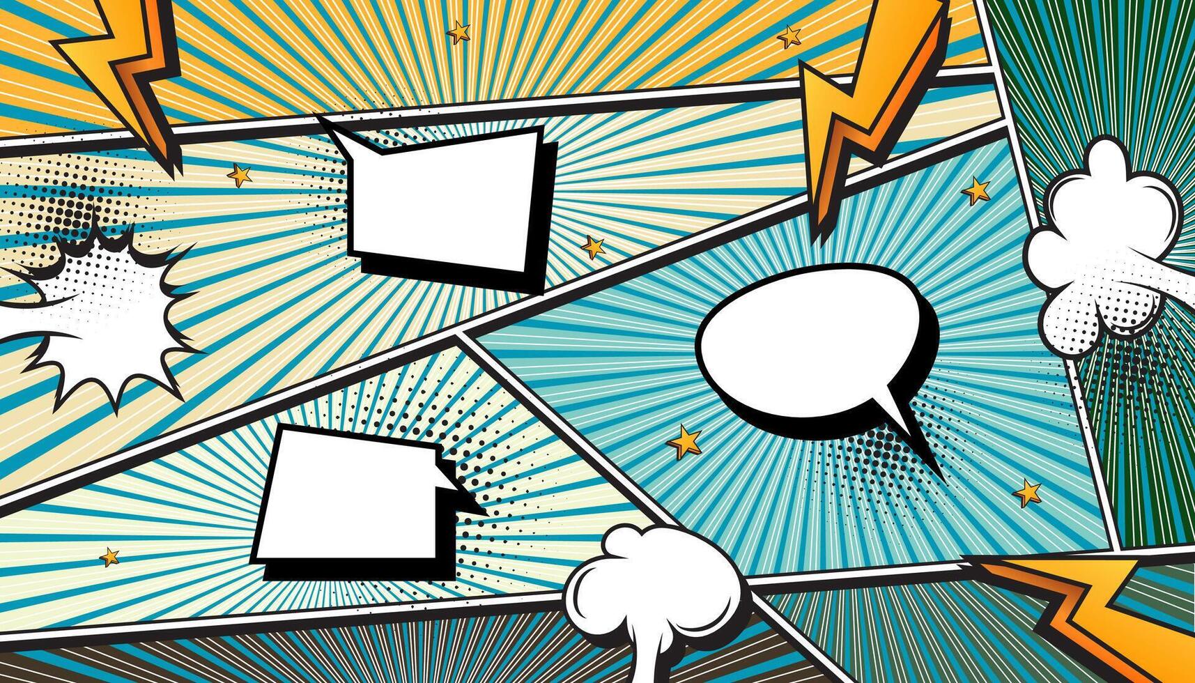Blue and Green Comic Book Explosion with Pop Art Style, Halftone Dots, Speech Bubbles, and Dynamic Action Bursts with Set of Vibrant Comic Page Frames and blank Conversation Panels vector
