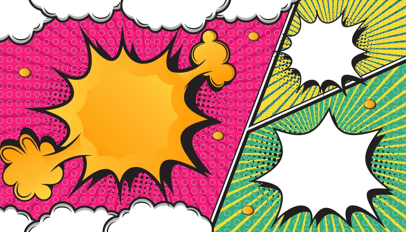 Colorful Pink and Green Retro Comic Book Explosion with Pop Art Style, Halftone Dots, Speech Bubbles, and Dynamic Action Bursts with Set of Vibrant Comic Page Frames and blank Conversation Panels vector
