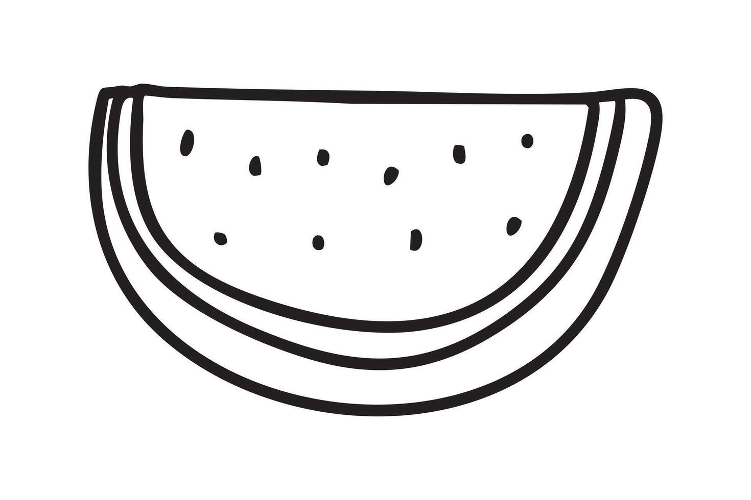 Watermelon Half piece Doodle. Outline Scribble black ink. Summer Fruit Slice, healthy nutrition. Vegan vitamin food. Childish primitive simple drawing. Isolated. Linear picture. illustration. vector