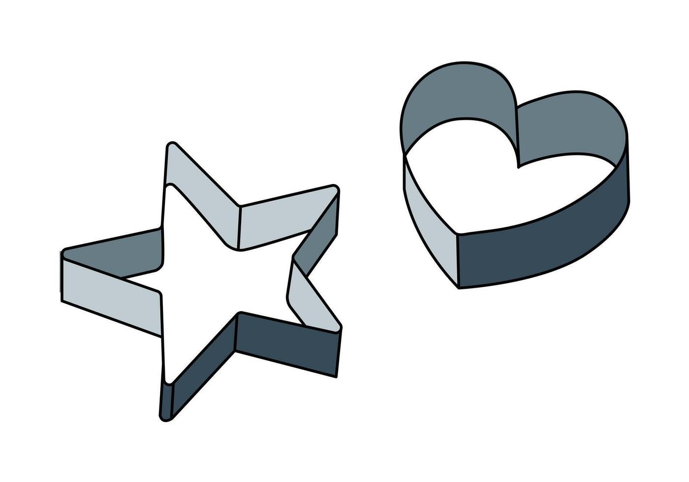 Heart, star Cookie Cutter shape. Kitchen Utensils for cooking sweets. Volumetric metal Figures for cutting dough. Baker or confectioner elements for Culinary. Isolated. Minimalism. illustration vector
