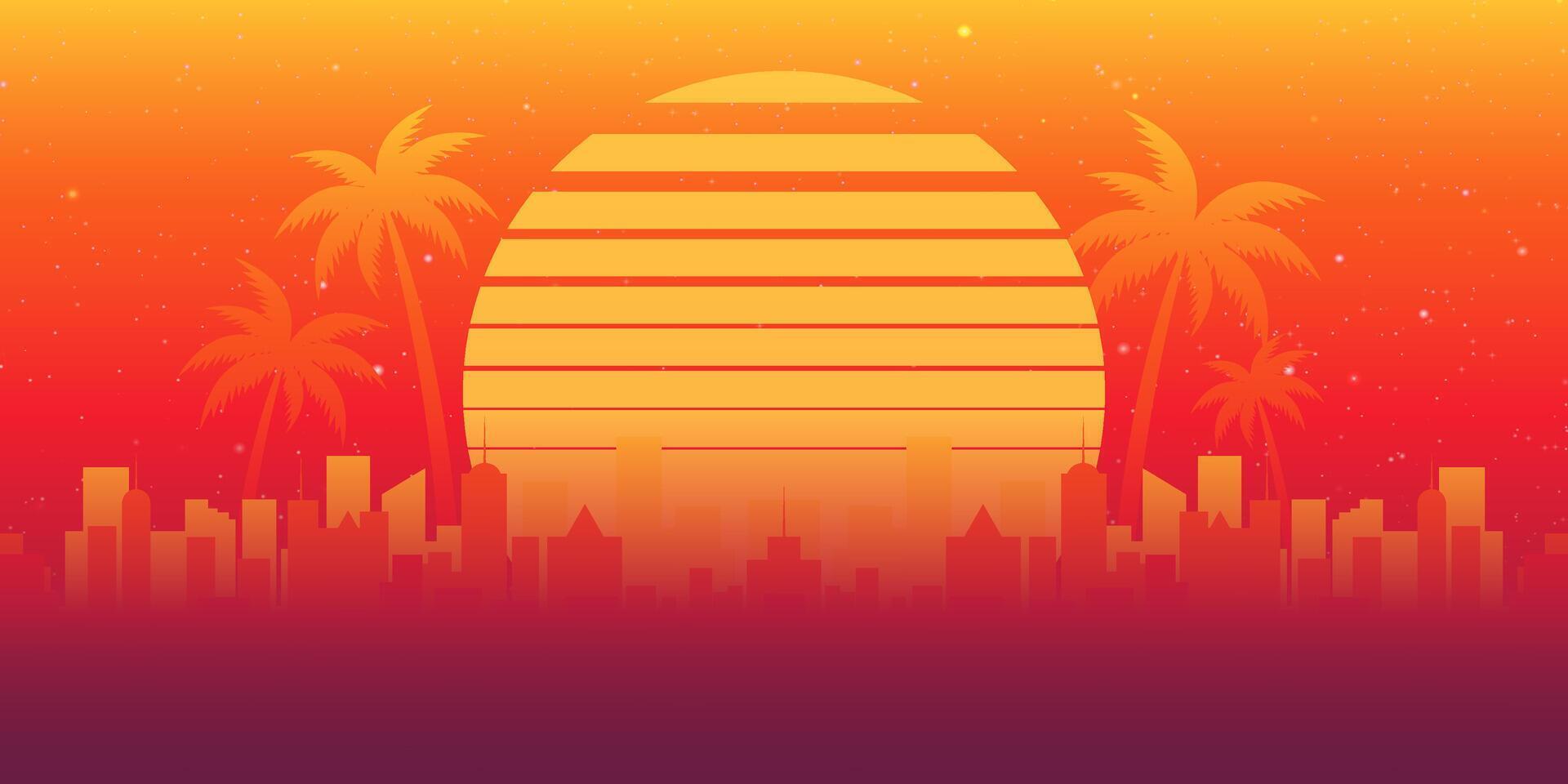 Retro sunset in 80s style. Retrowave, synthwave futuristic background Palm Trees vector