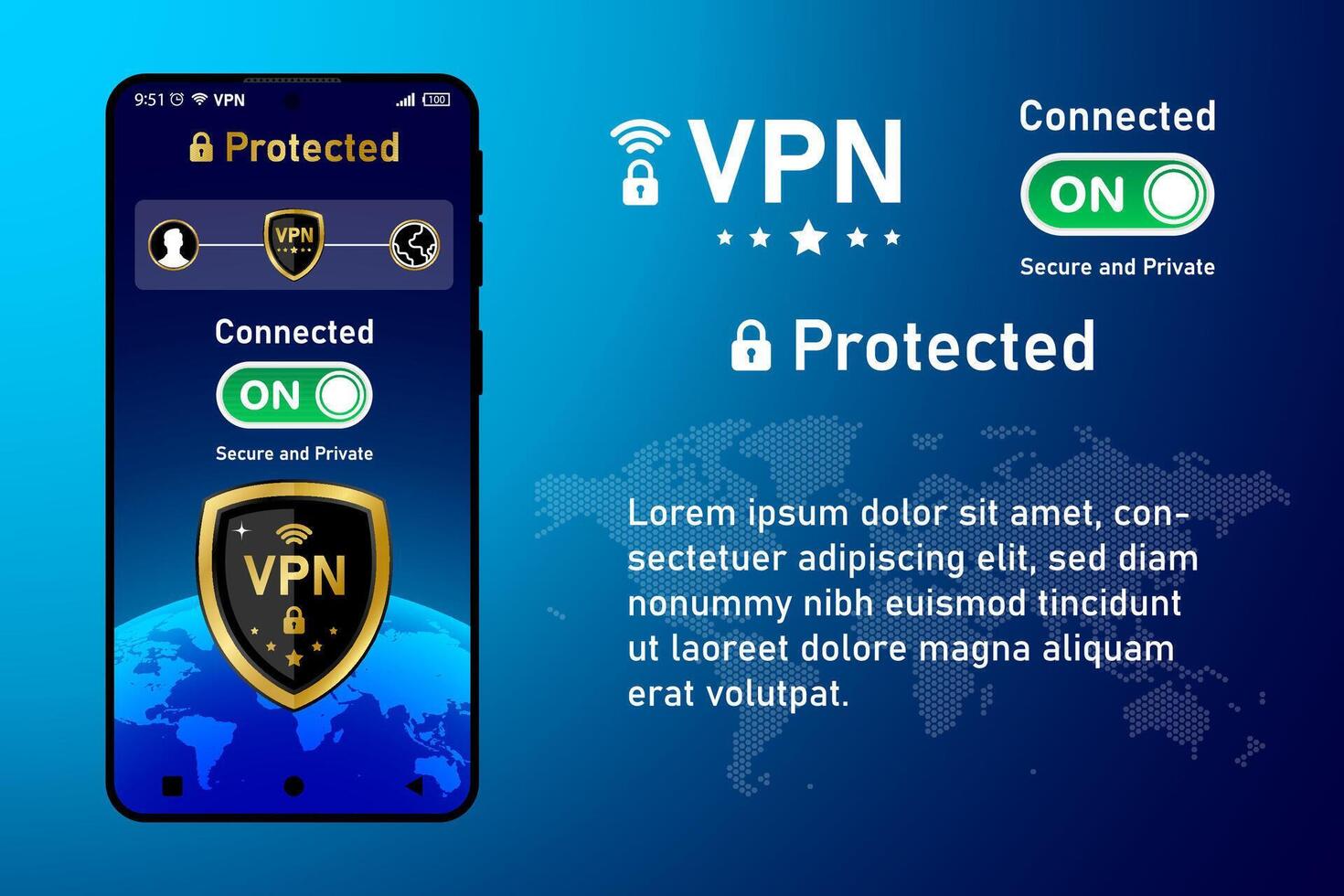 Vpn virtual private network to secure internet connection for all devices on phone vector
