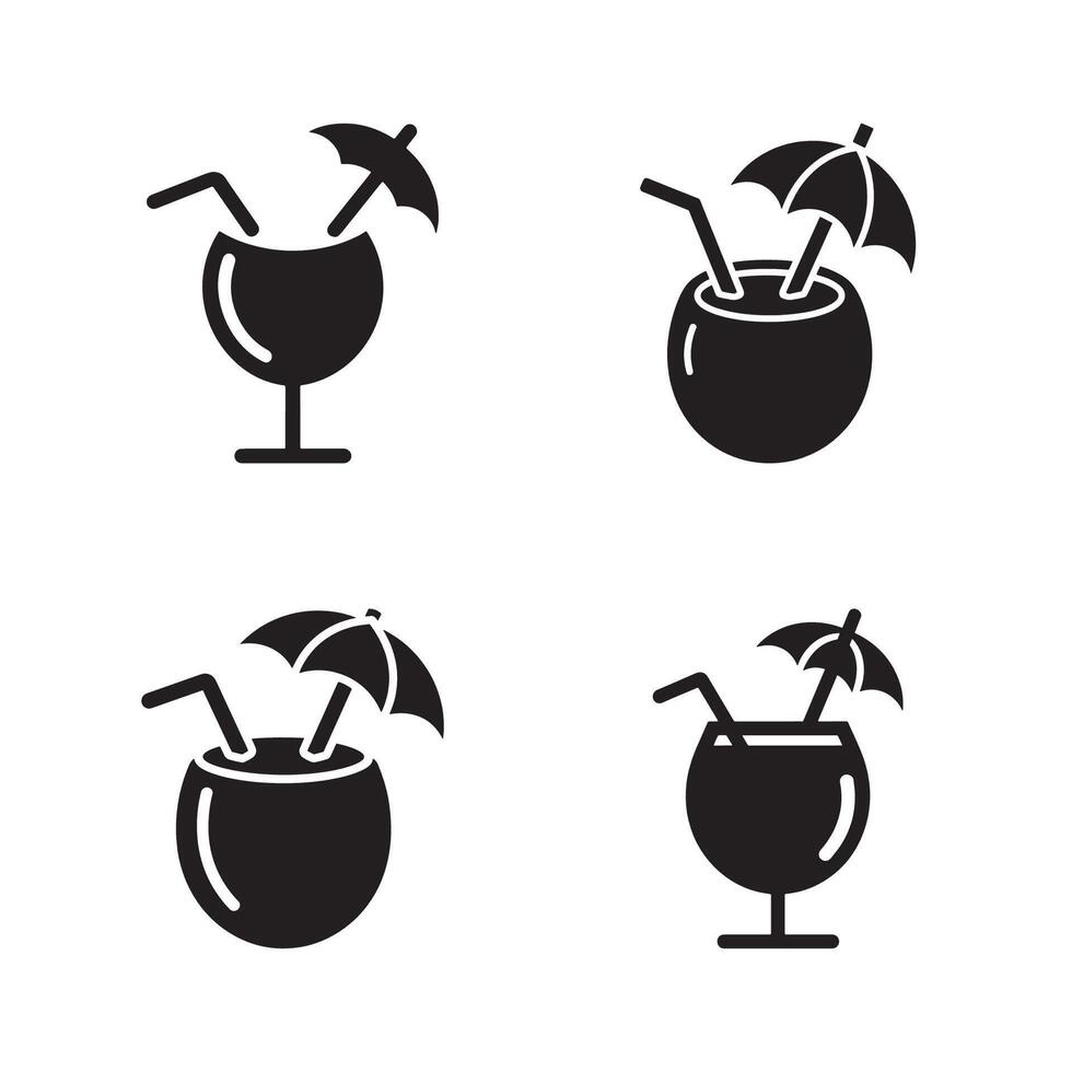 Tropical cocktail drinks with umbrellas and straws in various glasses and coconuts vector