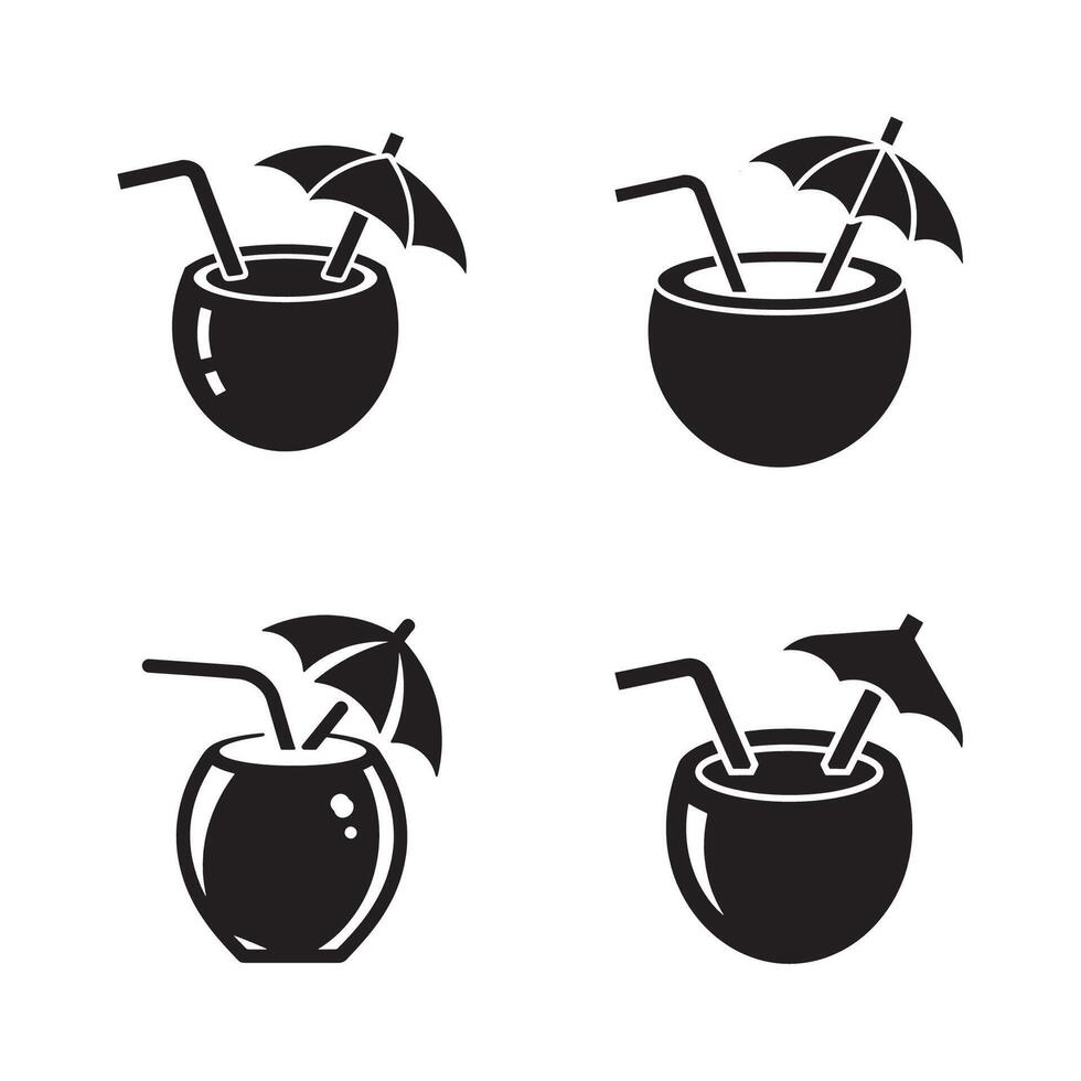 Coconut Drink Icons with Umbrella and Straw in Black Silhouette Set for Summer and Beach Designs vector