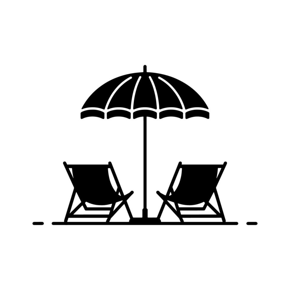 Relaxing Beach Chairs Silhouette with Beach Umbrella on white background, Beach chairs and umbrellas on a sunny tropical shore for summer relaxation vector