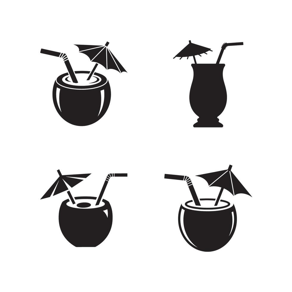 Silhouettes of Cocktail and coconut drinks with umbrellas and straw a perfect summer tropical design vector