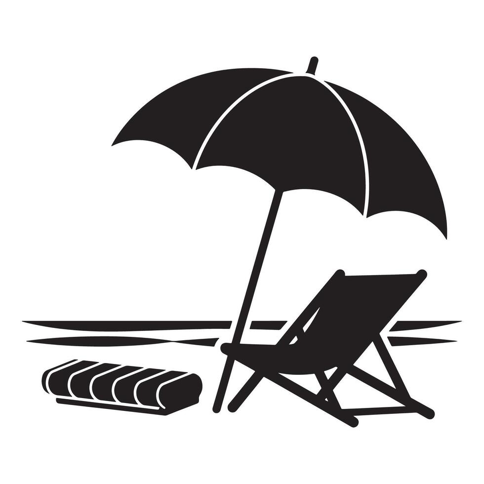 Relaxing Beach Chairs Silhouette with Beach Umbrella and Beach Towel on white background vector