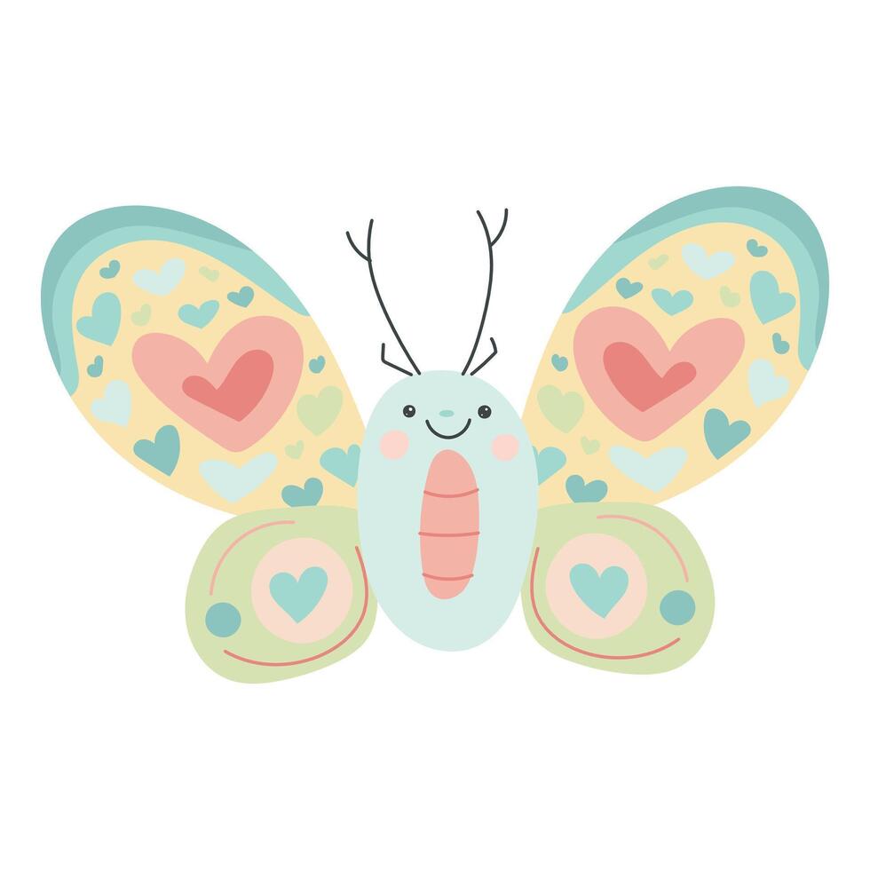 Smiling butterfly with teal and pink patterned wings, perfect for spring decor, whimsical illustrations, or lighthearted insect-themed children designs vector