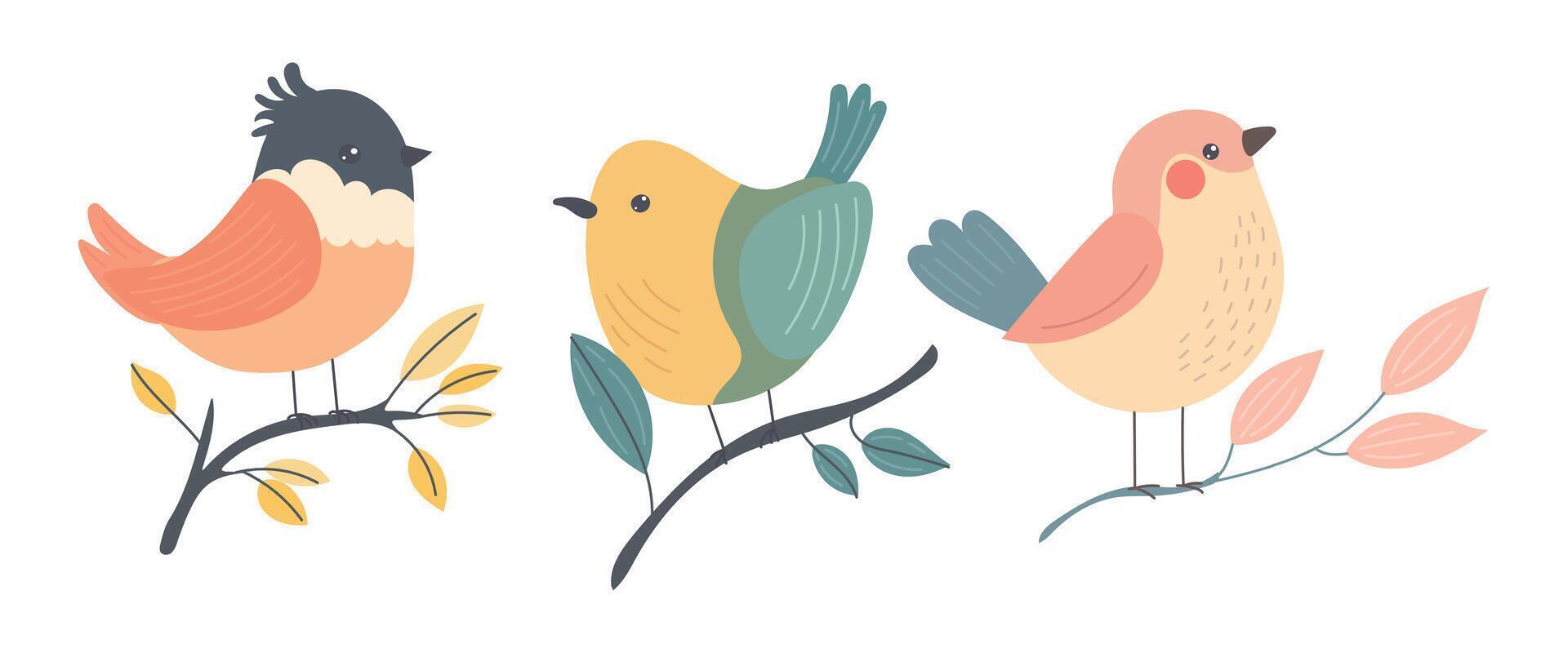 Illustrated birds perched on leafy branches in bright hues, great for forest wildlife themes, spring greeting cards, or friendly garden decor art vector