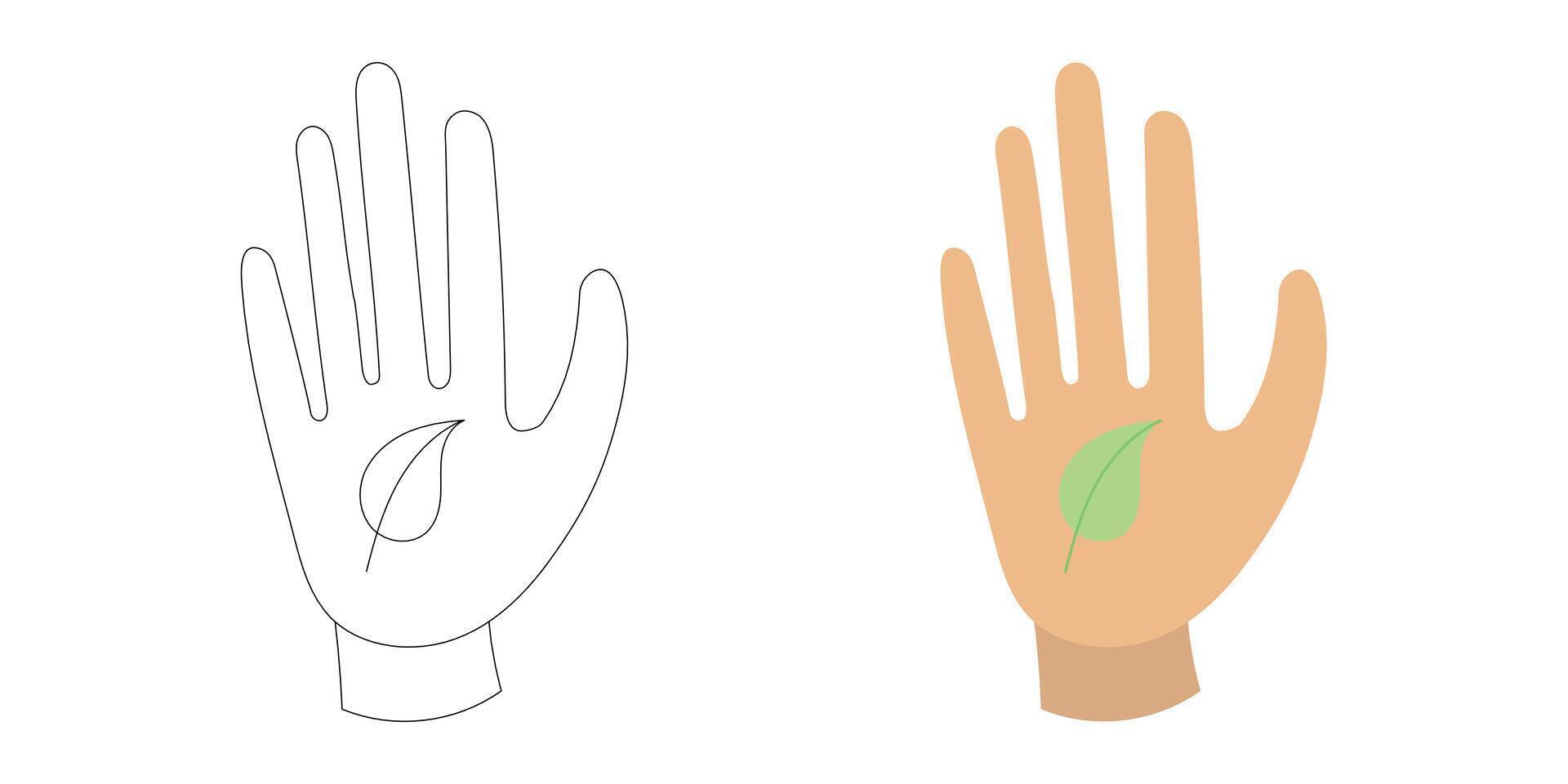 Raised hand holding a green leaf, symbolizing harmony, natural care, and sustainability through human connection with climate, wellness, and earth values vector