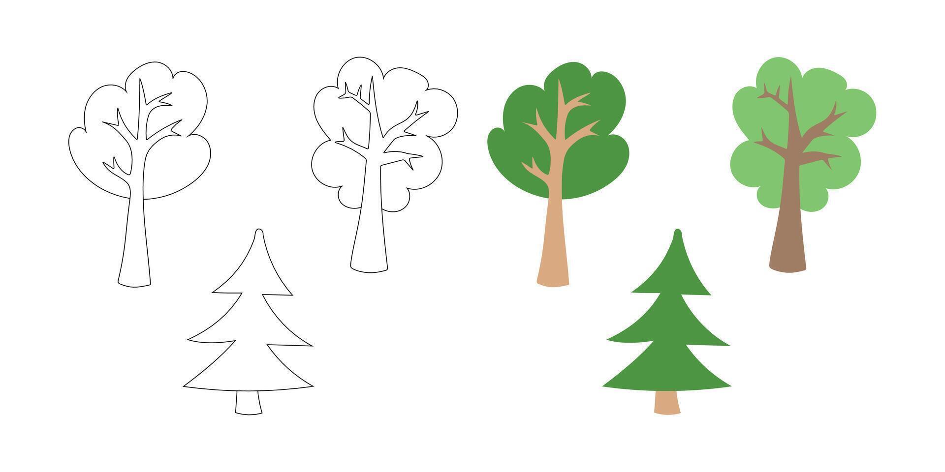 Whimsical cartoon trees with full green crowns and simple brown trunks stand in a cheerful nature-themed forest illustration for eco and garden visuals vector