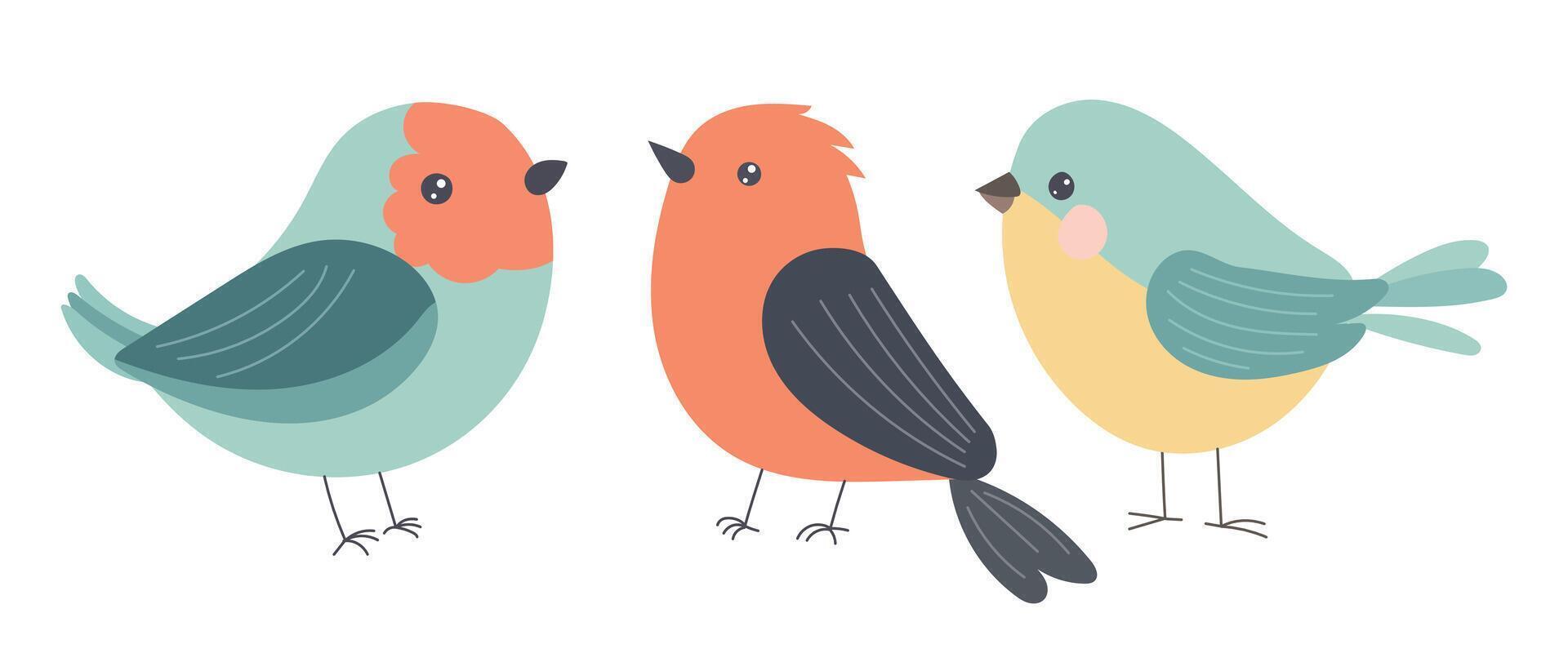 Three happy birds in pastel tones with bright plumage and detailed wings, ideal for kids stationery, nature artwork, or cheerful animal-themed prints vector