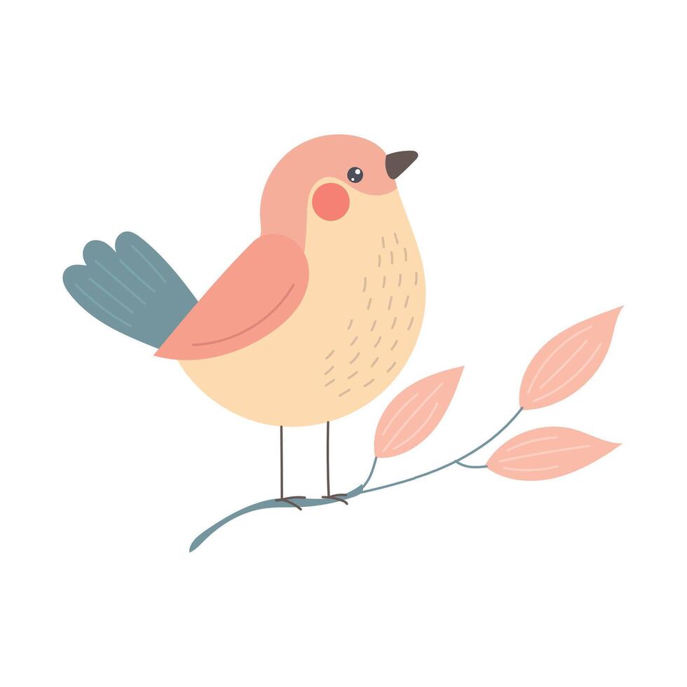Sweet pastel bird with pink wings and cream body resting on delicate pink leaves, great for spring clipart, nursery art, and soft minimal wildlife design vector