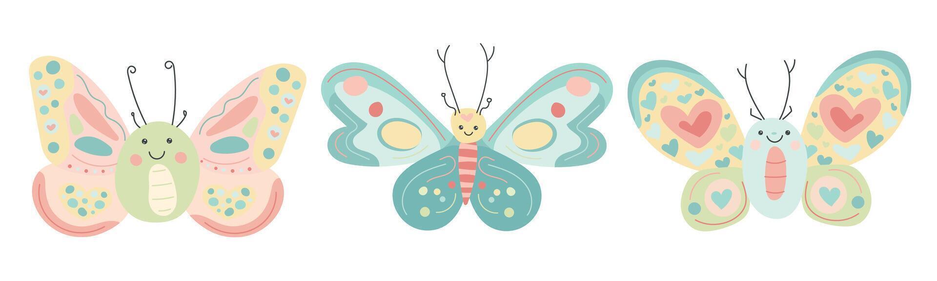 Three pastel butterflies with cheerful faces and heart-decorated wings flutter playfully in a cute cartoon illustration perfect for spring and garden designs vector