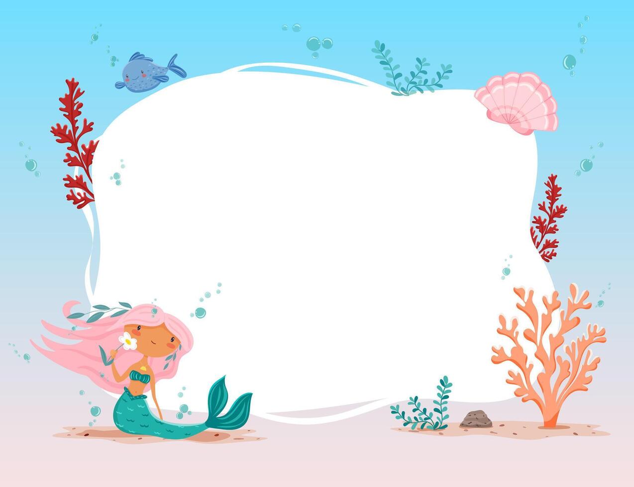 frame with mermaid with pink hair and sea elements vector