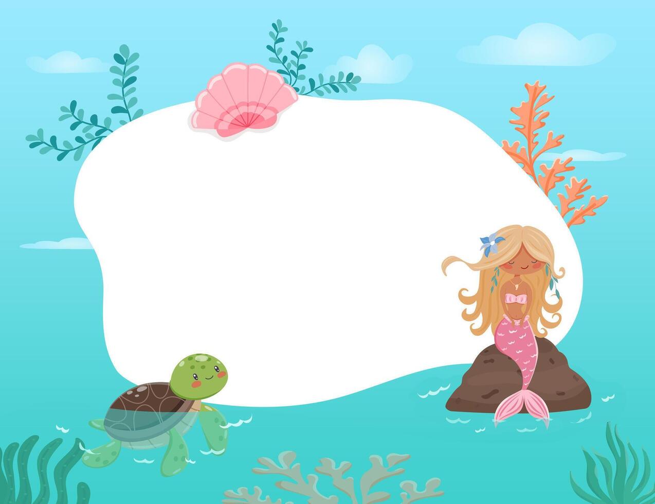 frame with mermaid sitting on rock and sea turtle vector