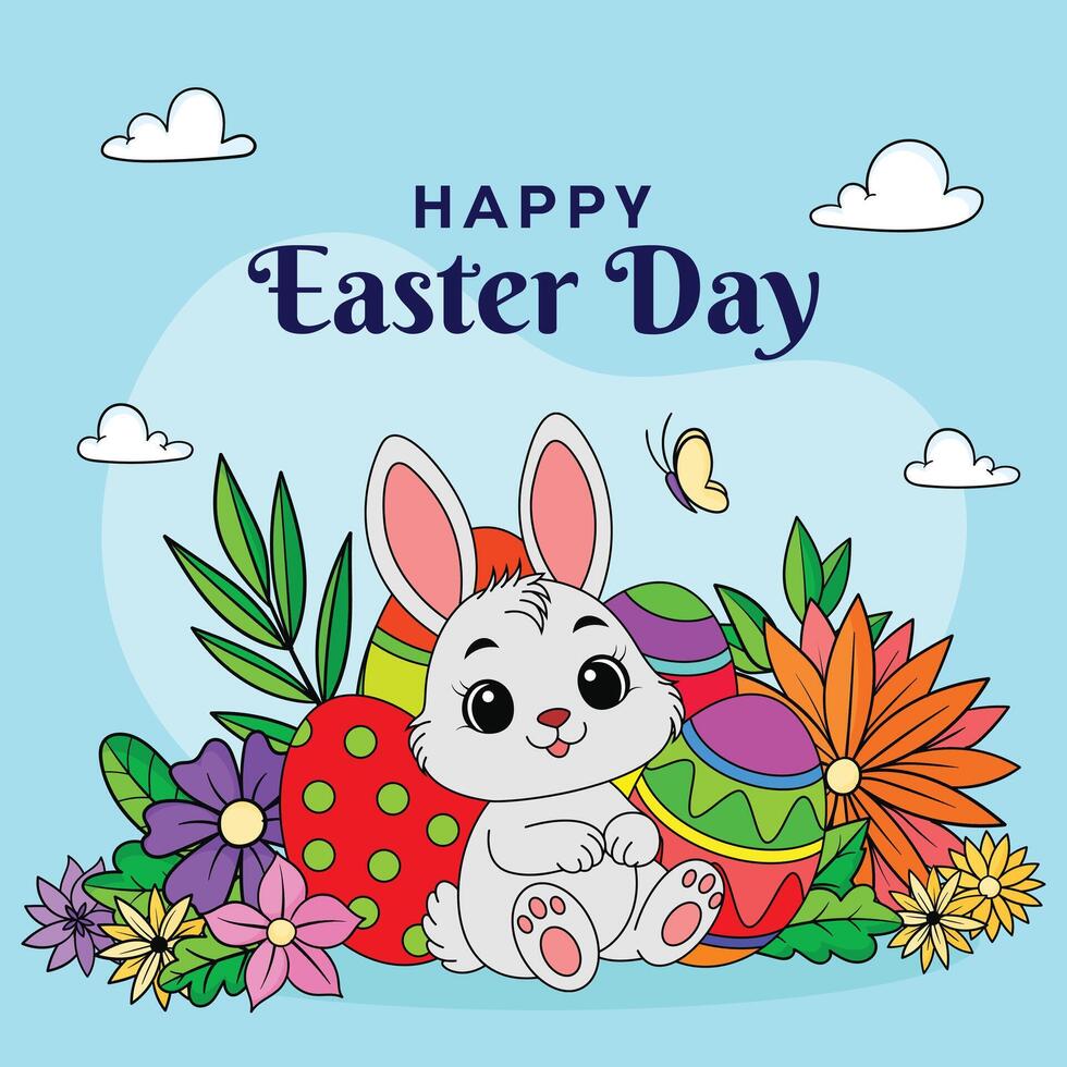 Easter bunny sitting with eggs and flowers vector