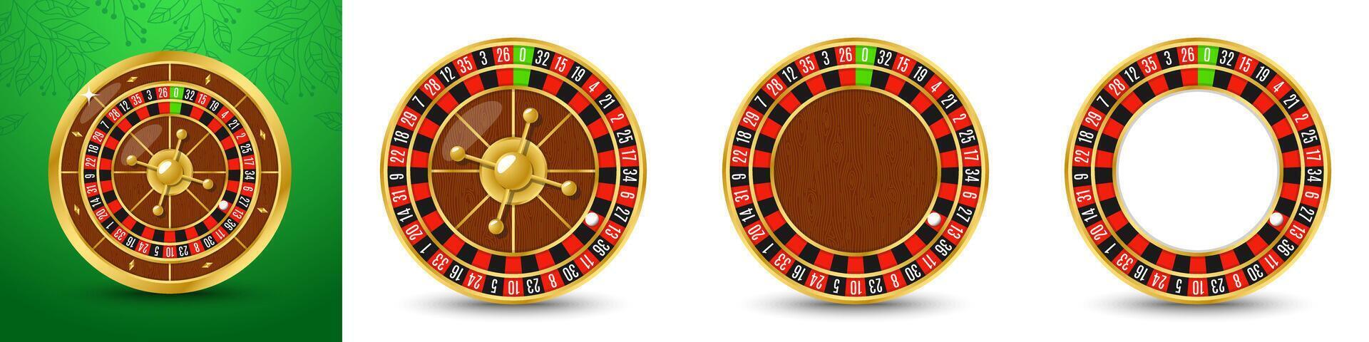 Set Golden casino roulette wheel with numbers and cells on white background with golden light, rays, glare, sparkles vector