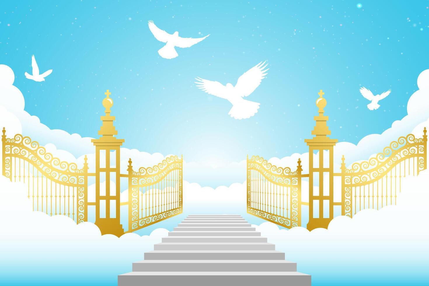 Entrance to paradise, open gate. Staircase leading to to the wrought iron gates.background with fluffy clouds. Stairs up vector