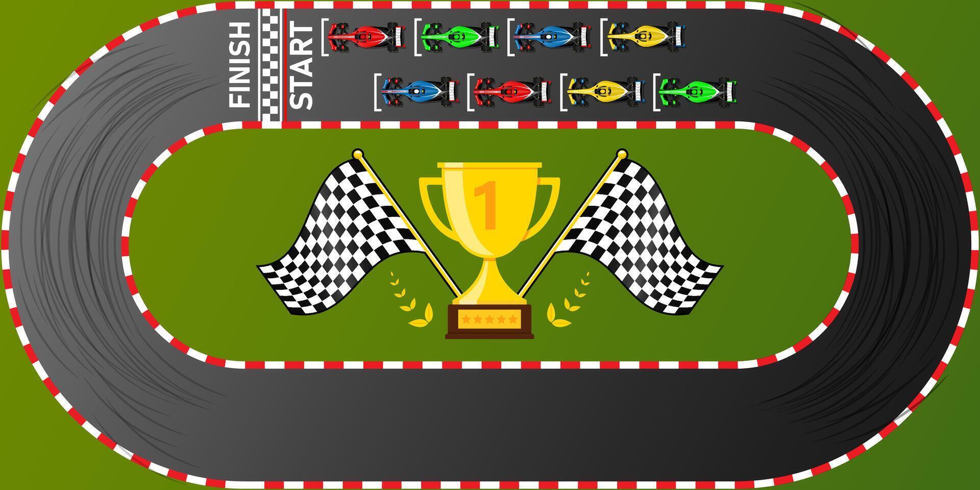 Circuit finish line Pro racing background top view illustration. Trophy Flags vector