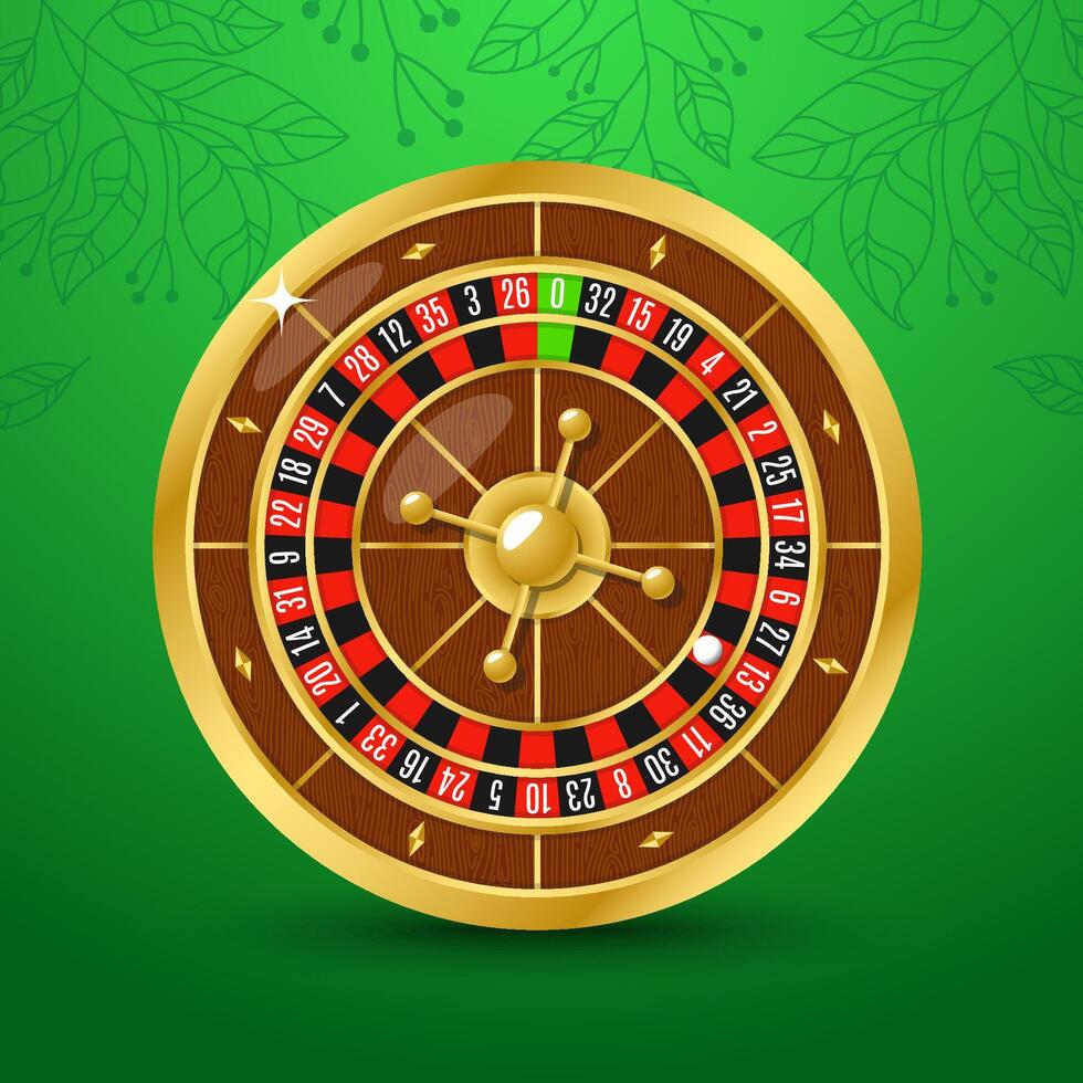 Golden green casino roulette wheel with numbers and cells on white background with golden light, rays, glare, sparkles vector
