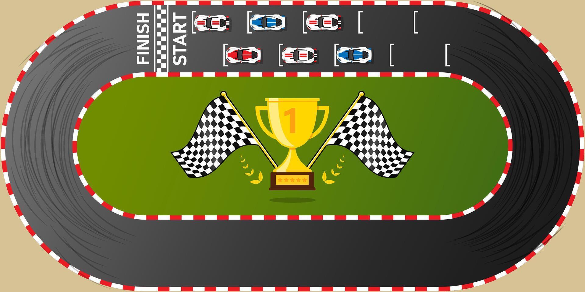 Circuit finish line Race car racing background top view illustration.Trophy flags Kart Car racing vector