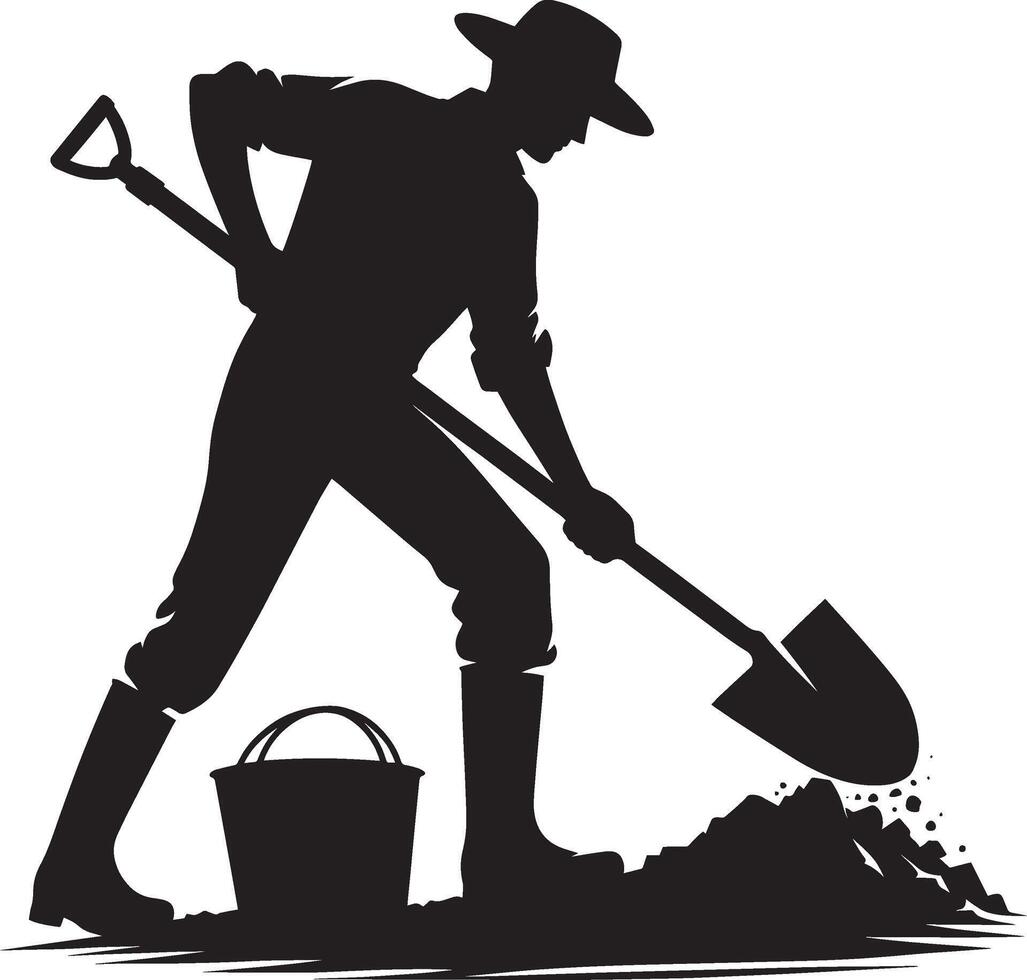 A silhouette of a man with a shovel and bucket vector