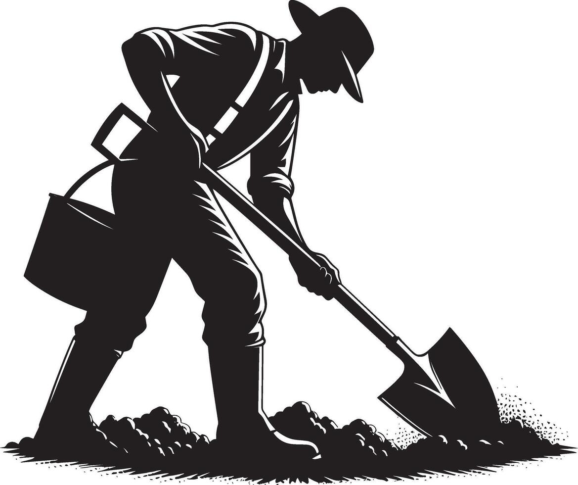 A black and white silhouette of a man digging with a shovel vector