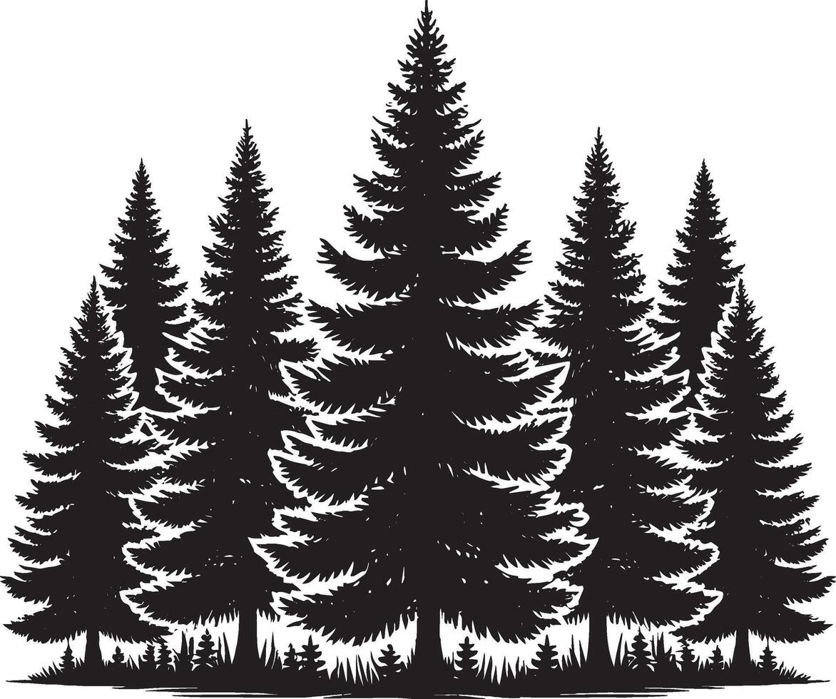 Black and white silhouette of pine trees vector