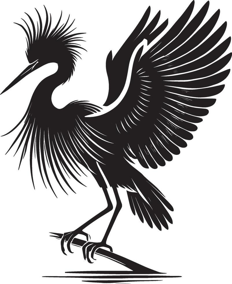 Heron standing on a branch with wings spread out vector