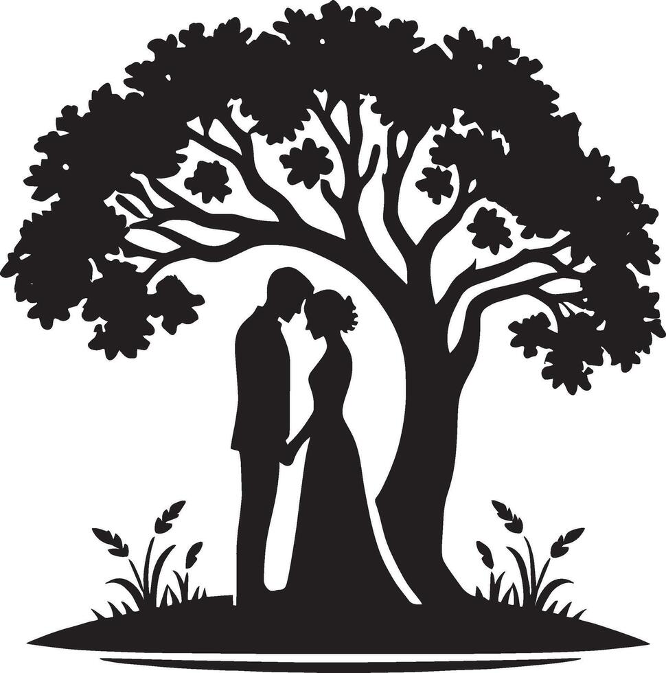 Silhouette of a bride and groom under a tree vector