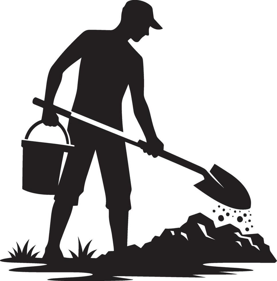 Silhouette of a man with a shovel and bucket vector