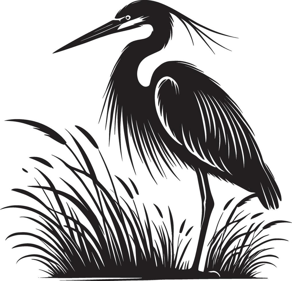 Heron silhouette in the grass illustration vector
