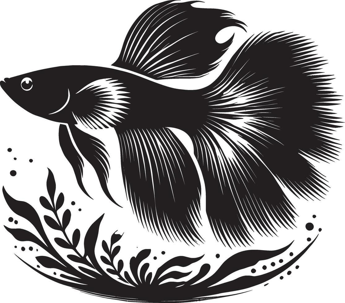 Silhouette of a siam fish with leaves and flowers vector