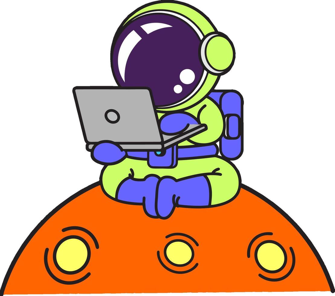 An astronaut sitting on an orange planet with a laptop vector