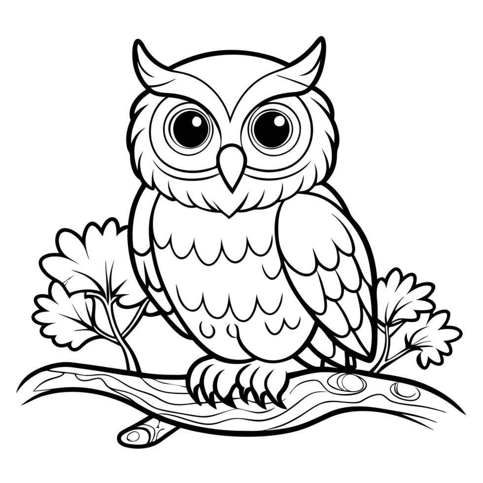 Intricate Coloring Page Featuring an Owl Perched on a Branch Adorned with Vibrant Mosses vector