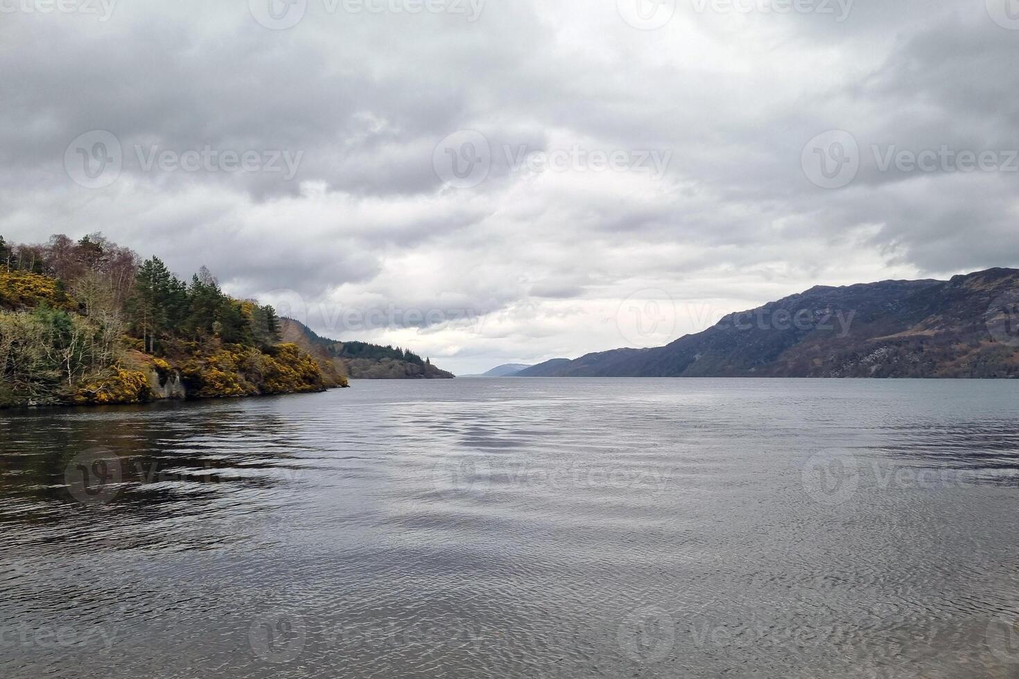 Tranquil View of Overcast Loch with Rugged Highlands and Gorse Lined Shores photo