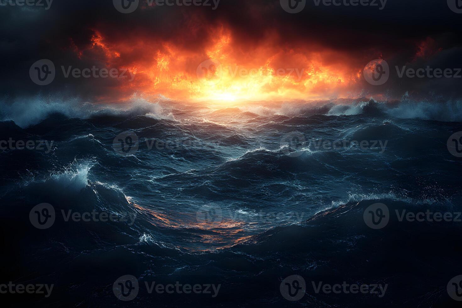 Dramatic Ocean Waves at Sunrise with Fiery Sky - Conceptual Storm Scene photo