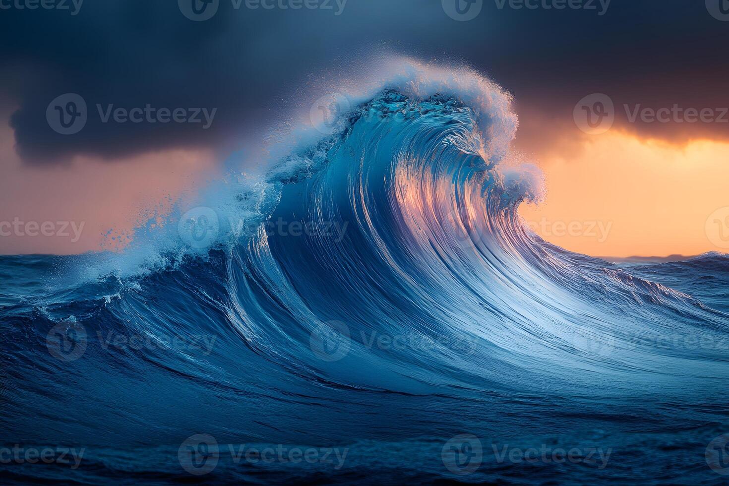 Dramatic Ocean Wave at Sunset with Intense Colors and Stormy Clouds photo