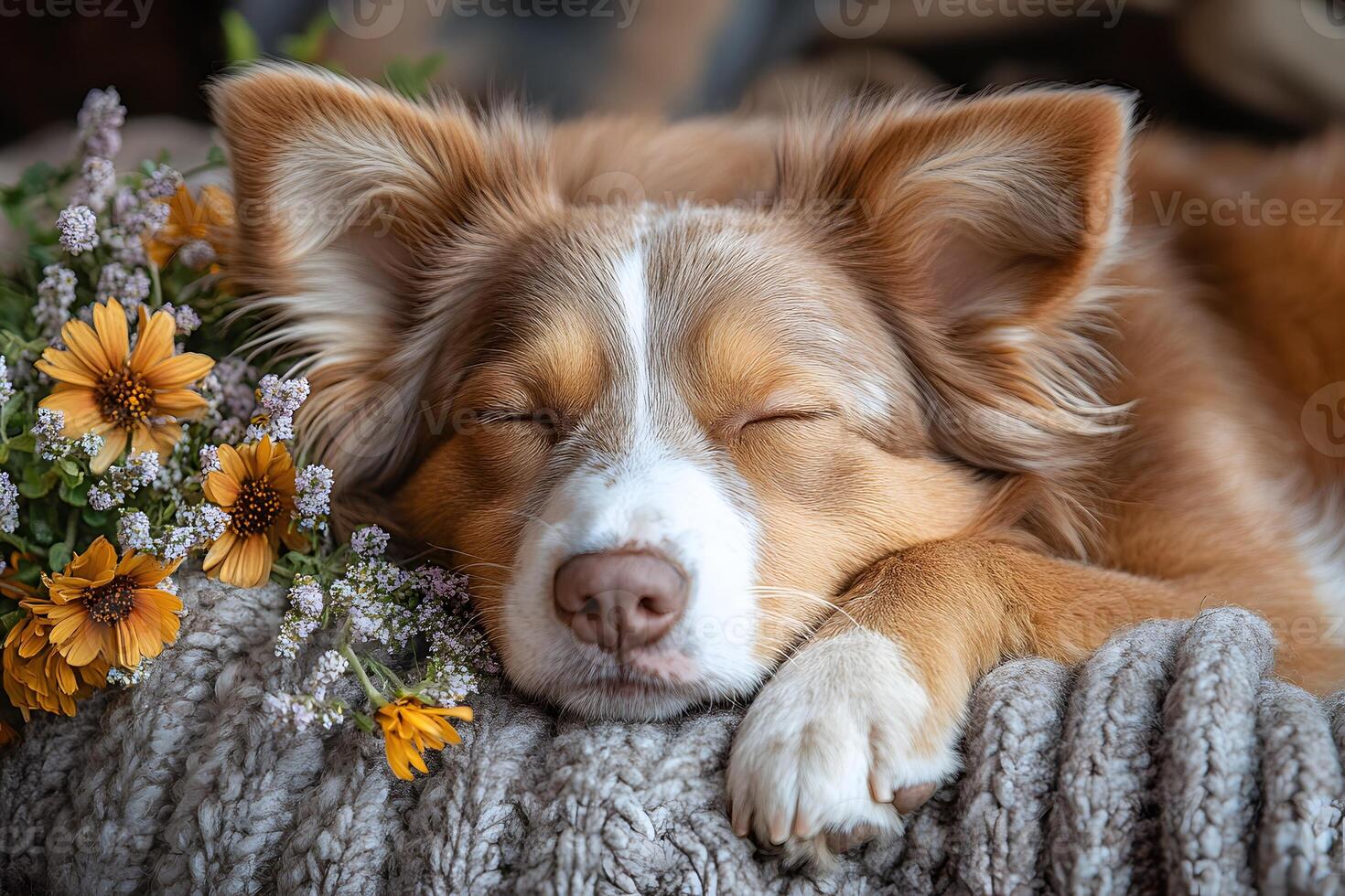 Tranquil Dog Sleeping Among Flowers - Ideal for Pet-Themed Designs and Comfort Concepts photo