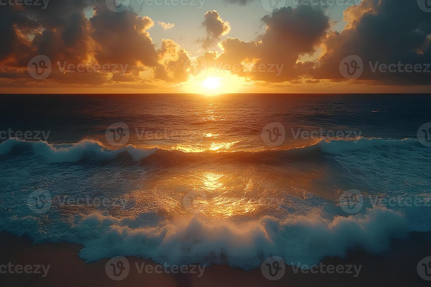 Golden Sunset Over Ocean Waves Serenity and Tranquility for Poster Design photo