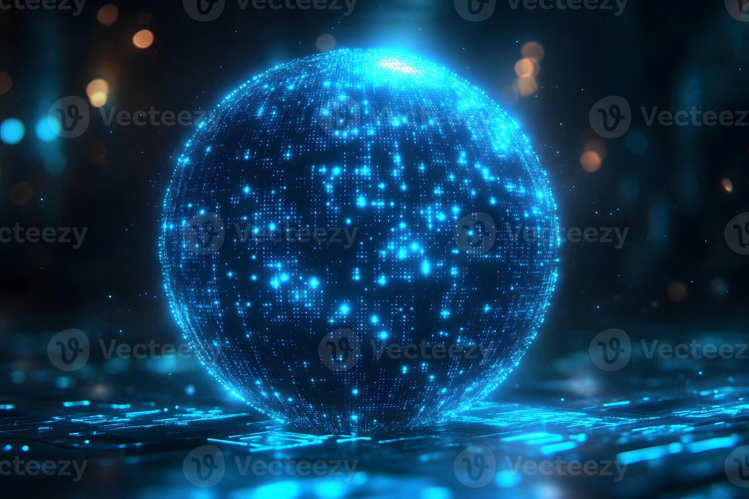 Futuristic Blue Digital Sphere in a Neon Cybernetic Environment for Technology Design photo