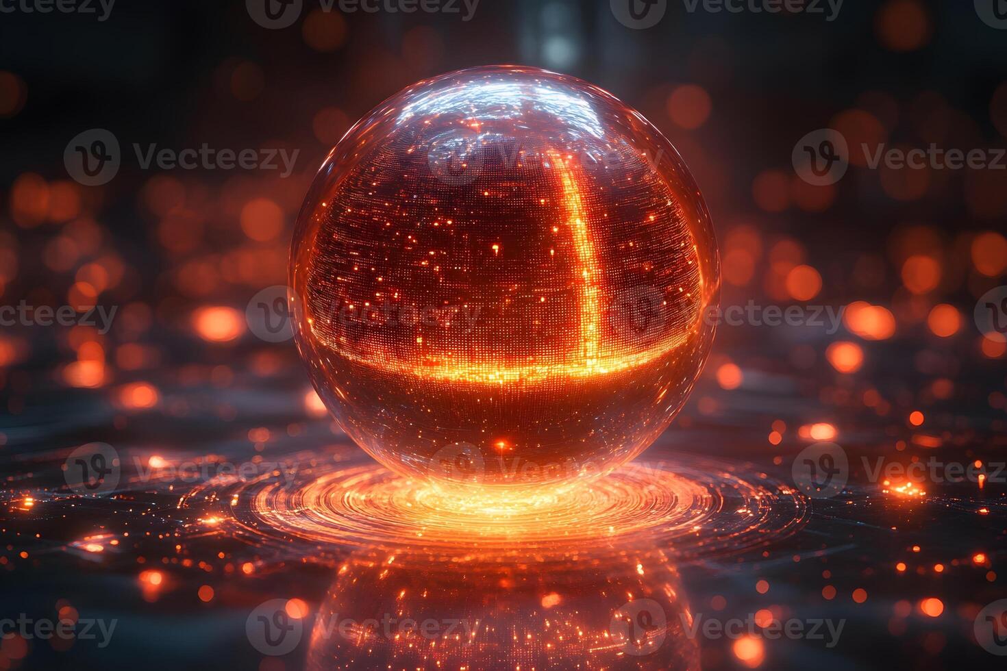 Futuristic Sci-Fi Glowing Sphere in a Digital Landscape for Technology Design photo