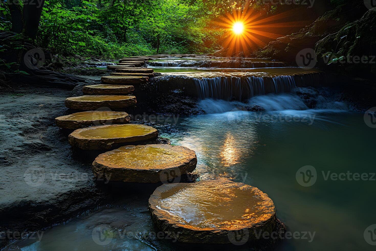 Tranquil Forest Stream with Stepping Stones and Sunburst at Sunset photo