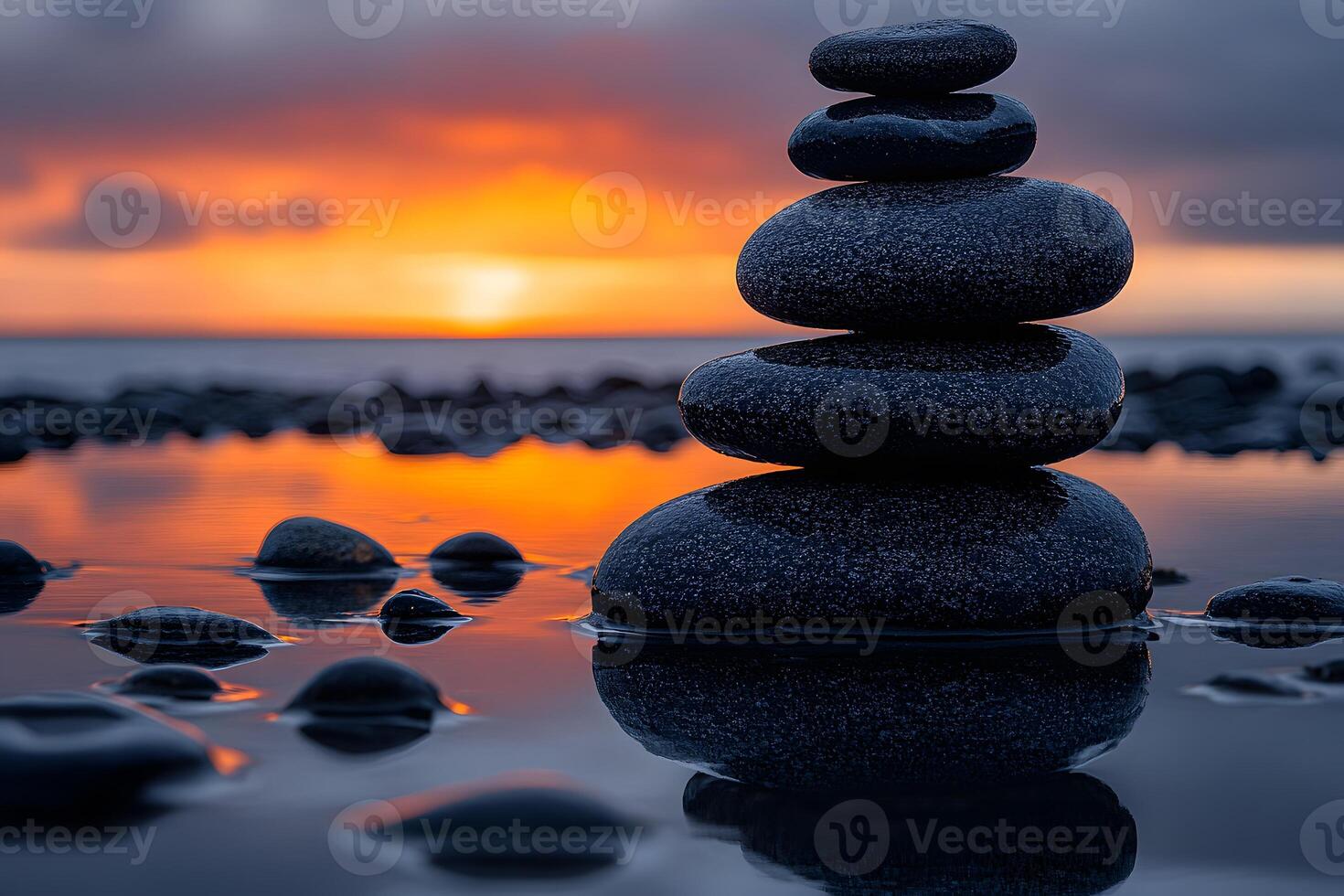 Zen Stone Stack Against a Vibrant Sunset for Serenity and Balance in Nature photo