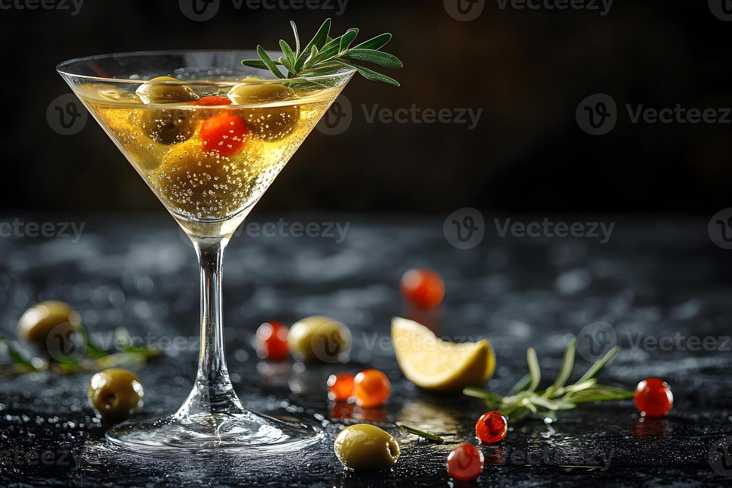 Sophisticated Martini Garnished with Olives and Rosemary for Elegant Cocktail Parties photo